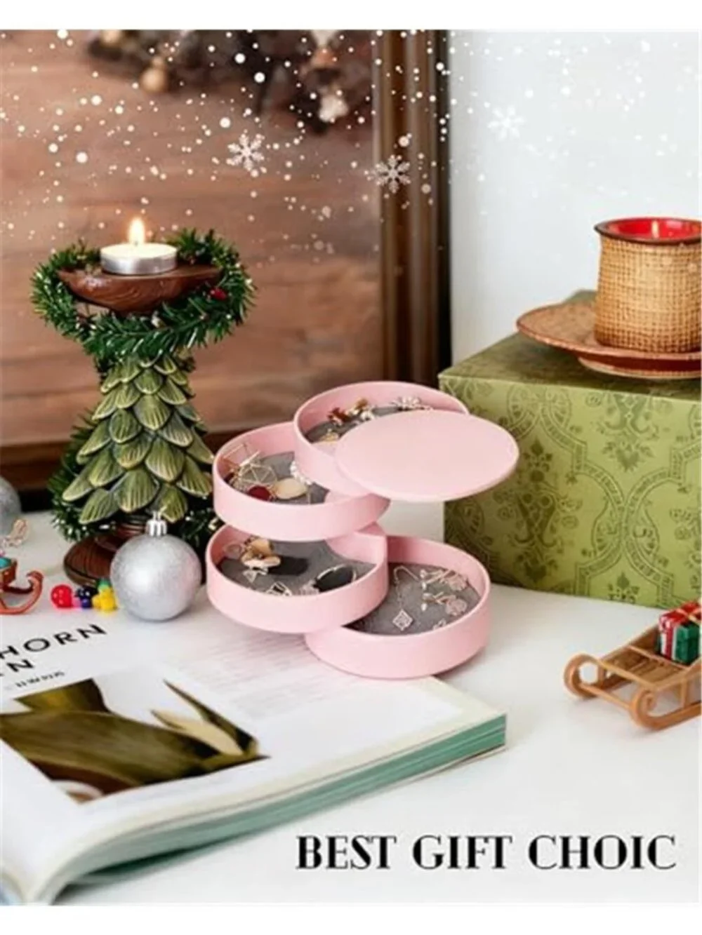 Pink Rotating Jewelry Organizer Box 4 Layer Travel Case Rings Earrings Gift